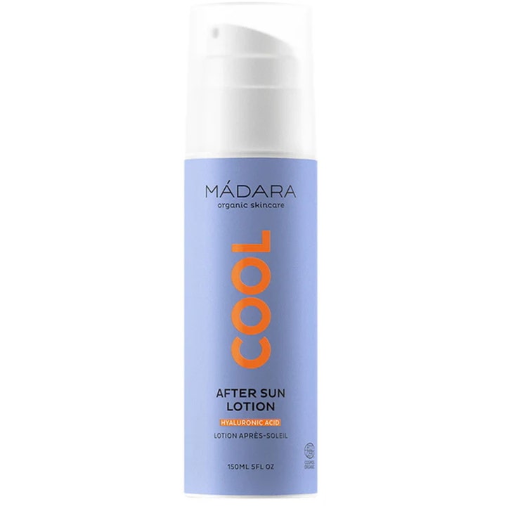 Mádara Cool After Sun Lotion 150ml fugtgivende aftersun i lyseblå flaske med orange tekst og hvid pumpe.