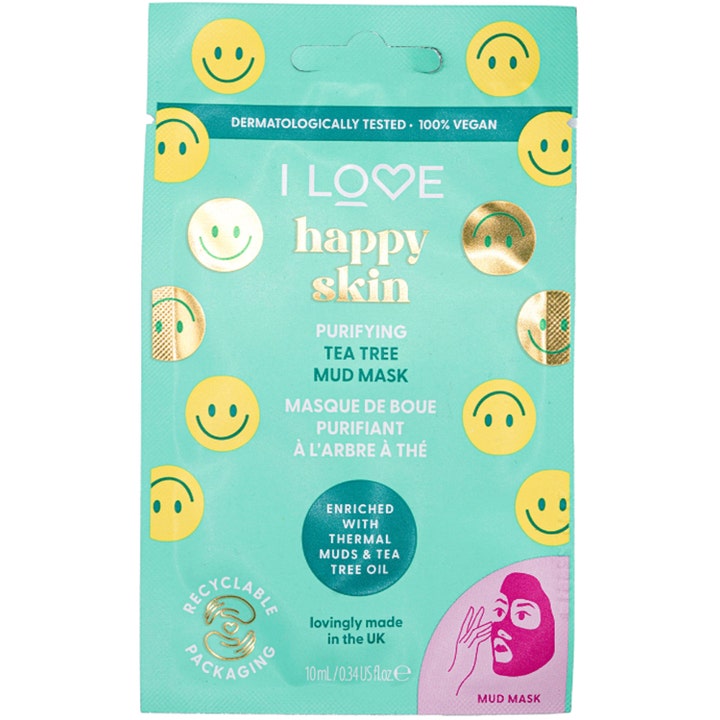 I Love Happy Skin Purifying Tea Tree Mud Mask 10 ml rensende ansigtsmaske i turkis indpakning med gule smileys