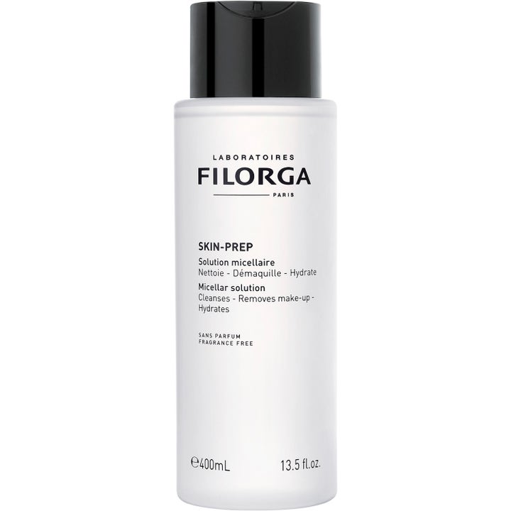 Filorga Skin-Prep Micellar Solution 400 ml rensende micellar water i hvid frostet flaske med et enkelt sort låg