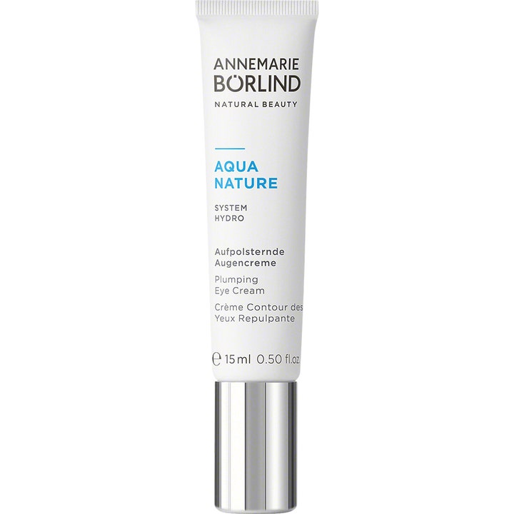 Annemarie Börlind Aqua Nature Plumping Eye Cream 15 ml fugtgivende øjencreme der giver fylde i hvid tube med sølvfarvet låg