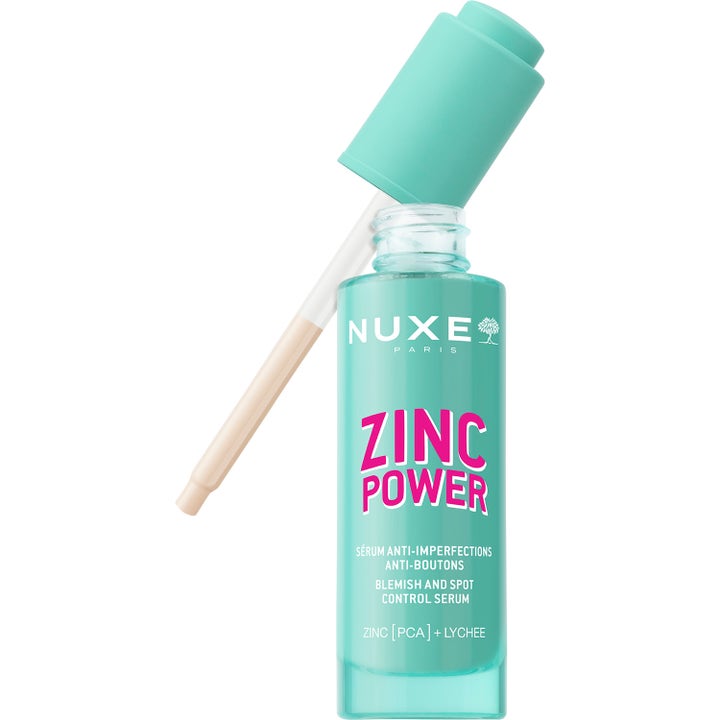 Nuxe Zinc Power Serum 30 ml mod urenheder i turkis glasflaske med åben pipette og hvidt indhold