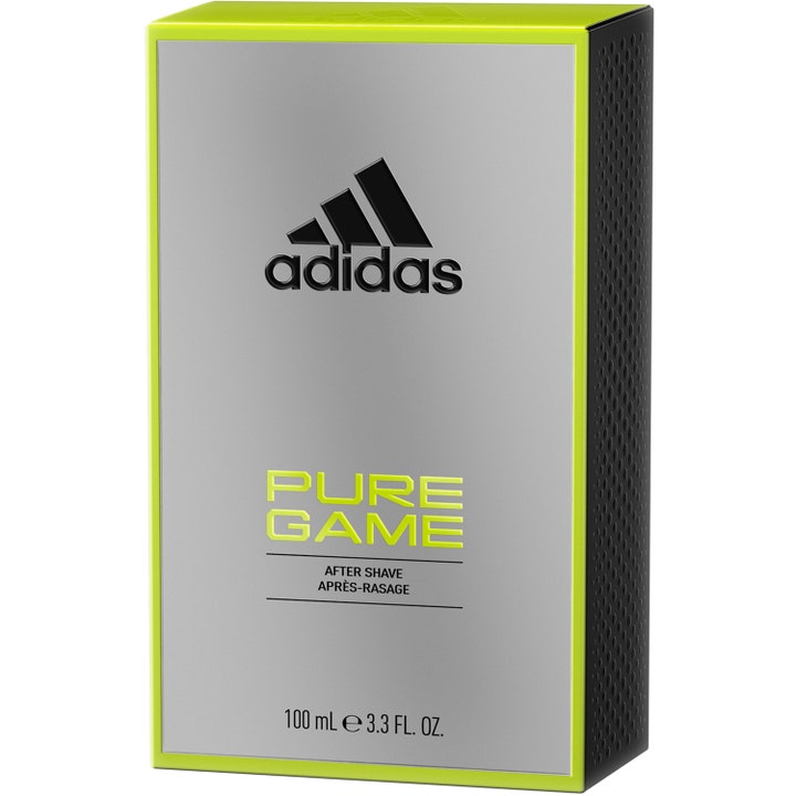 Adidas Pure Game For Him After Shave 100 ml beroligende hudpleje i sølvfarvet papæske med neongule kanter