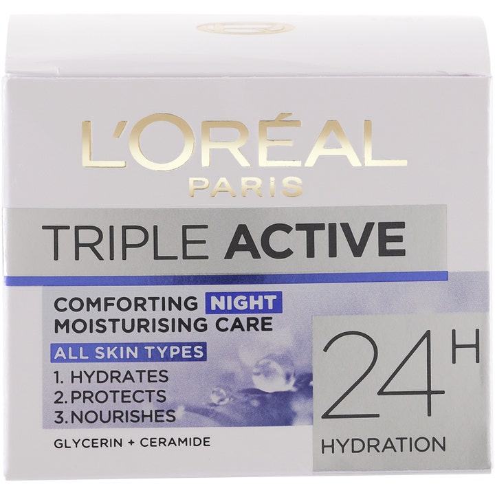 L'Oréal Paris Triple Active Night Cream 50 ml fugtgivende natcreme i hvid papæske med guldlogo og 24H Hydration