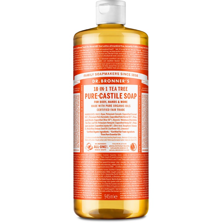 Dr. Bronner's 18-in-1 Tea Tree Pure-Castile Soap 945 ml rensende flydende sæbe i ravfarvet flaske med hvidt låg