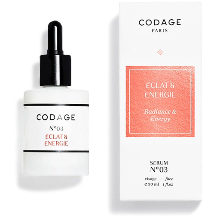 Codage N°03 Eclat & Energie 30 ml glødgivende serum i hvid glasflaske med sort pipette og hvid æske