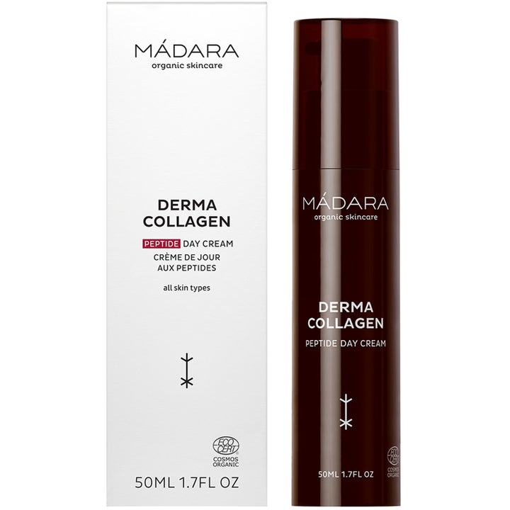 MÁDARA Derma Collagen Peptide Day Cream 50 ml fugtgivende dagcreme i mørkebrun pumpeflaske og hvid æske.