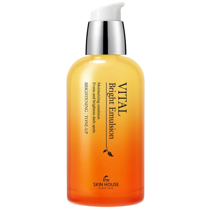 The Skin House Vital Bright Emulsion 130ml lysnende ansigtsemulsion i orange og gul flaske med sølvpumpe