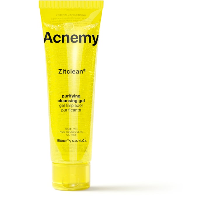 Acnemy Zitclean 150 ml rensende ansigtsgel mod urenheder i en gennemsigtig gul tube med sort tekst og klar gelé