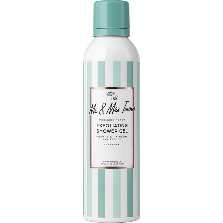 Mr & Mrs Tannie Exfoliating Shower Gel eksfolierende kropsvask der forbereder huden til selvbruner i mintstribet flaske