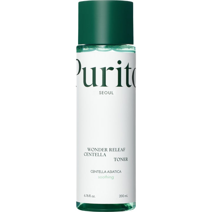 Purito Wonder Releaf Centella Toner 200 ml beroligende ansigtstoner i gennemsigtig flaske med mørkegrønt låg