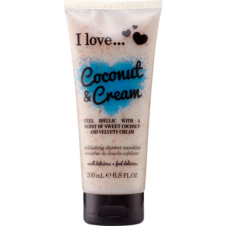 I love... Coconut & Cream 200 ml eksfolierende shower smoothie i gennemsigtig tube med cremet tekstur og brune korn.