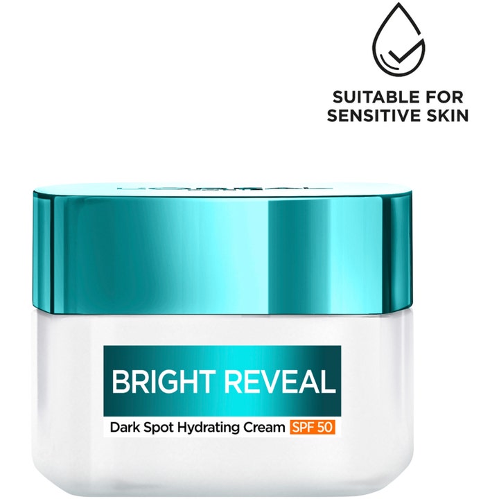 L'Oréal Paris Bright Reveal 50 ml fugtgivende dagcreme mod mørke pletter i hvid krukke med turkis låg og SPF 50