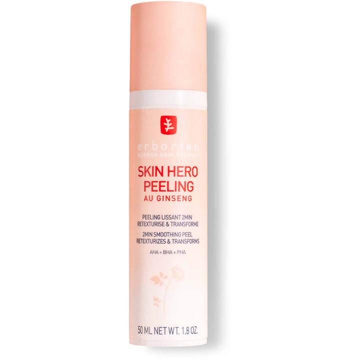Erborian Skin Hero Peeling 50 ml udglattende ansigtspeeling med ginseng i ferskenfarvet flaske med rødt logo