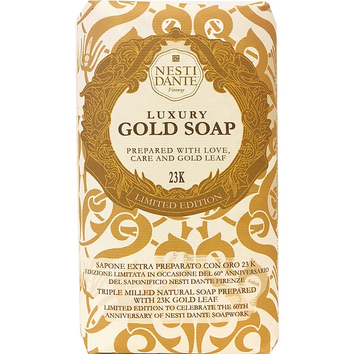 Nesti Dante Luxury Gold Soap 250g eksklusiv sæbebar med 23K guld i hvid papiremballage med guldornamenter.