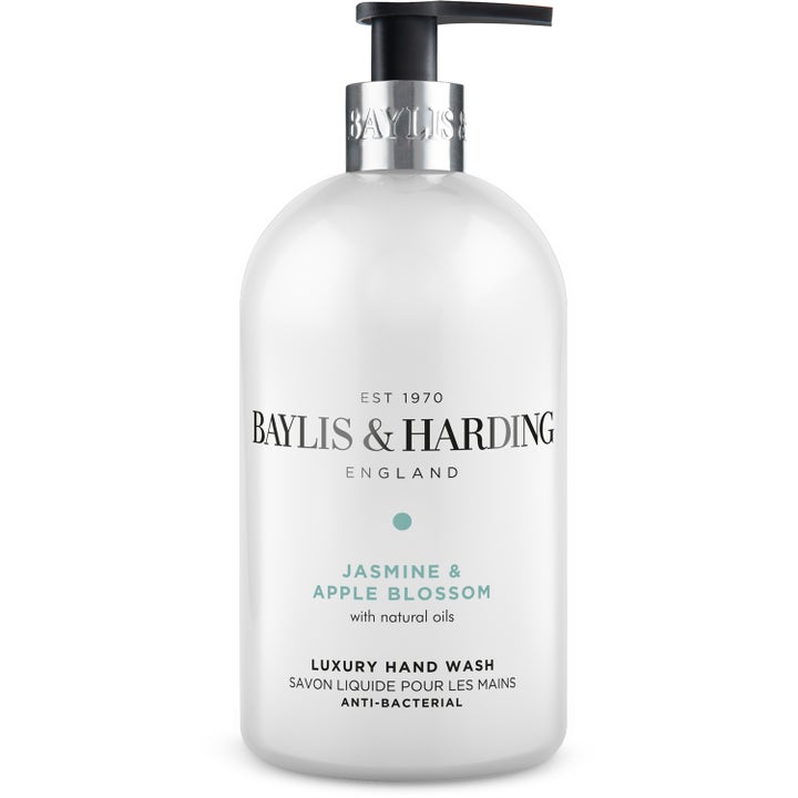Baylis & Harding Jasmine & Apple Blossom 500 ml antibakteriel håndsæbe i hvid flaske med sort pumpe og sølvdetaljer
