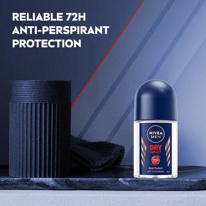 NIVEA Dry Impact Roll On Mini 25 ml anti-perspirant i glasflaske med blåt låg og tekst om 72 timers beskyttelse.