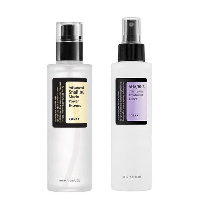 COSRX Advanced Snail 96 Mucin Power Essence og AHA/BHA Toner i hvide plastflasker med pumpe og spraytop