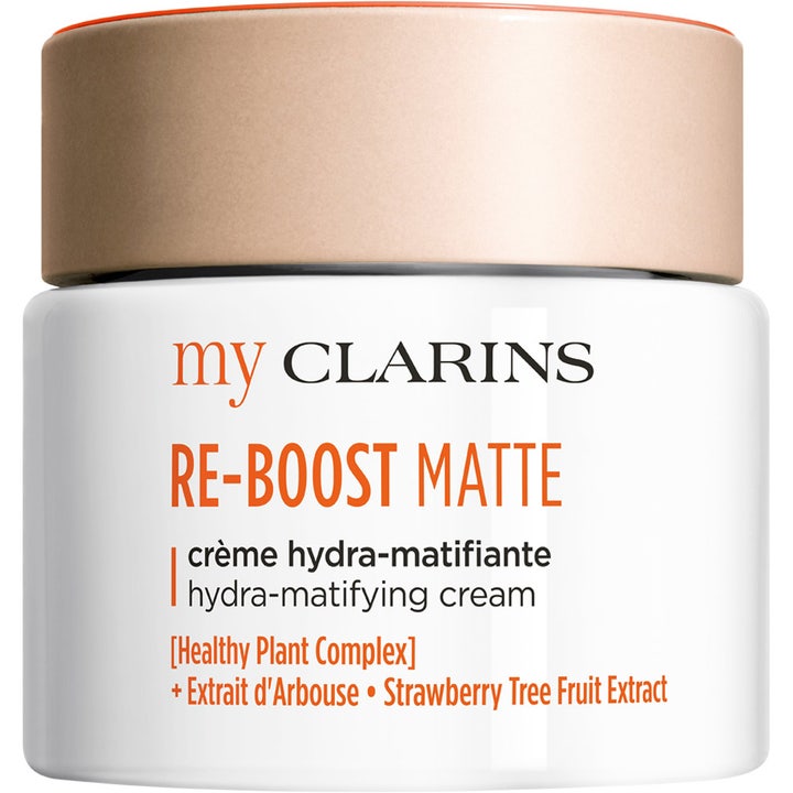 My Clarins Re-Boost Matte 50 ml matterende ansigtscreme i hvid krukke med ferskenfarvet låg