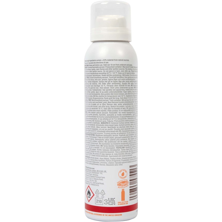 Bulldog Spray Deodorant Bergamot & Sandalwood 125 ml herredeodorant på hvid spraydåse viser ingrediensliste og vegansk symbol.