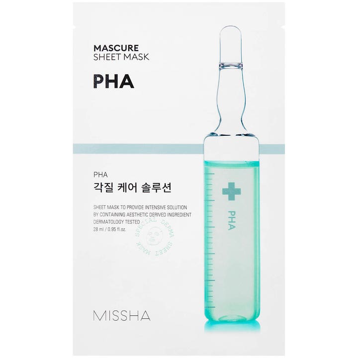 Missha Mascure Sheet Mask PHA 28 ml eksfolierende sheet mask i hvid sachet med motiv af en blågrøn ampul