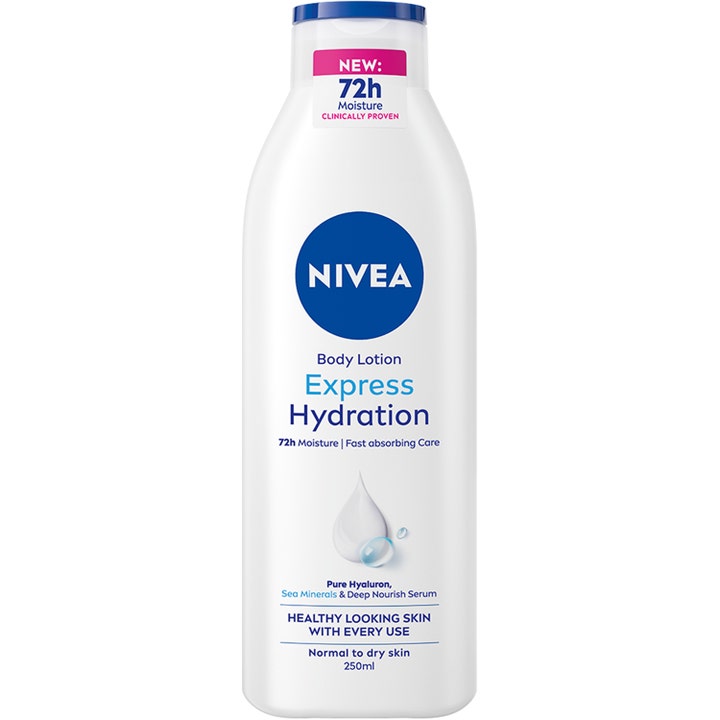 Nivea Express Hydration Body Lotion 250ml giver intens fugt i hvid plastflaske med blåt låg og hyaluron.
