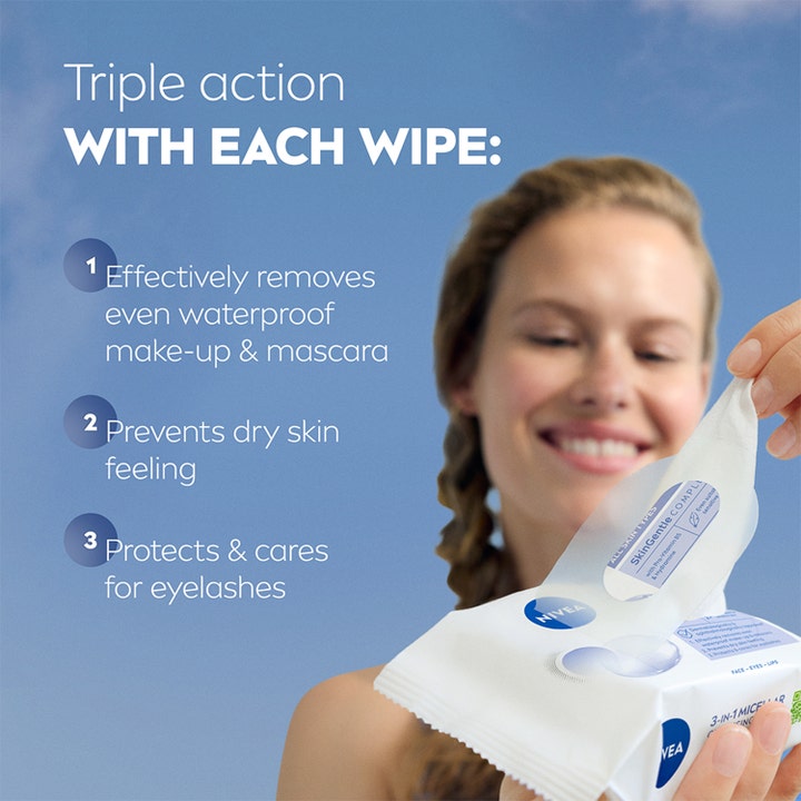 NIVEA MicellAIR Expert Wipes 25 stk fjerner makeup og mascara effektivt vist med en smilende kvinde