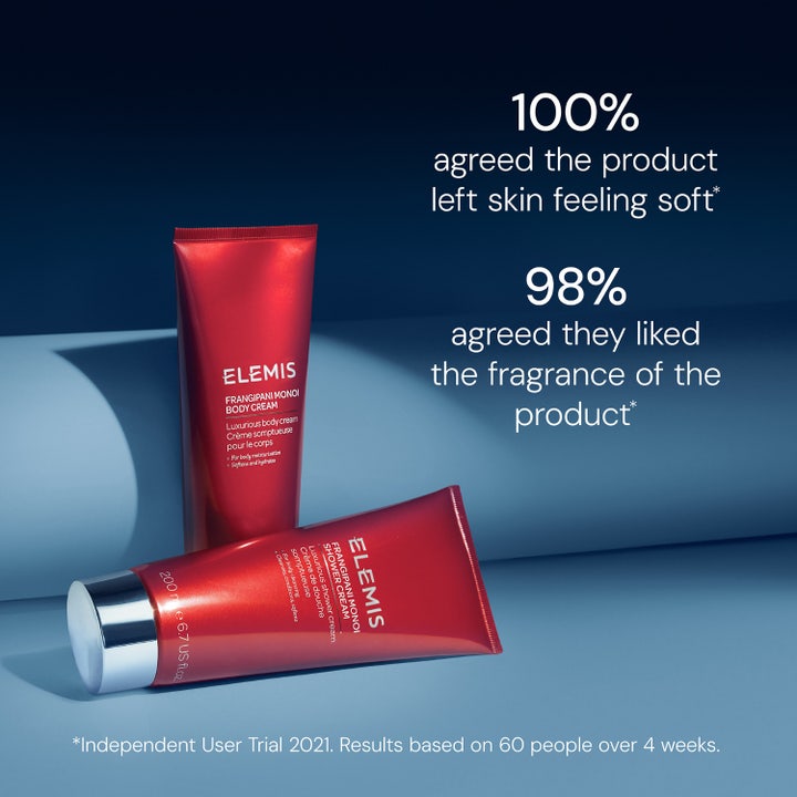 Elemis Frangipani Monoi Body Cream 200 ml røde tuber med tekst om 100% blød hud og 98% duft-tilfredshed.