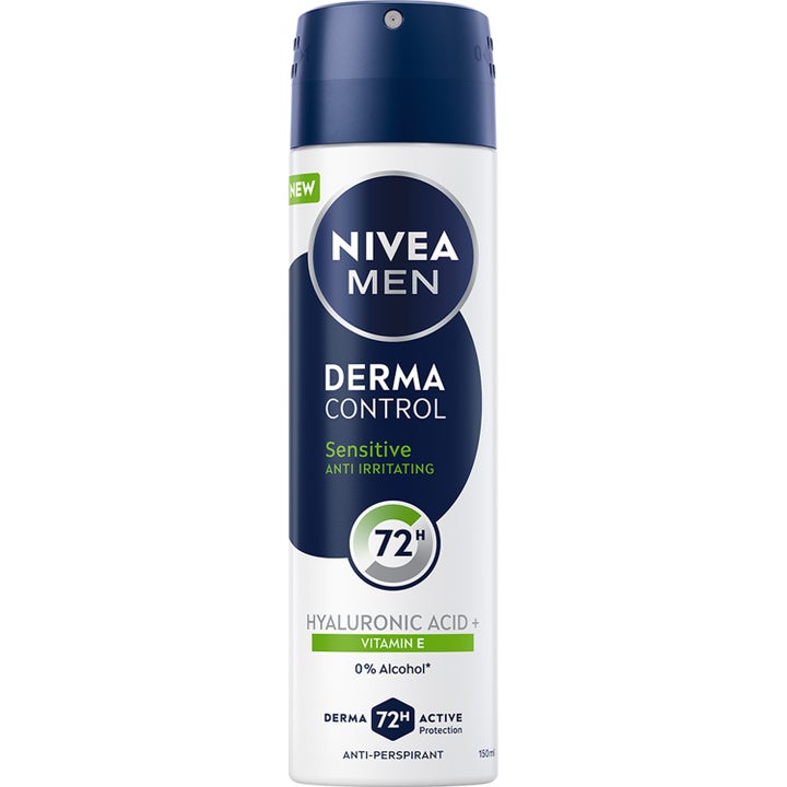 Nivea Men Derma Control 150 ml anti-perspirant spray mod irritation i hvid dåse med mørkeblåt låg og hyaluronsyre