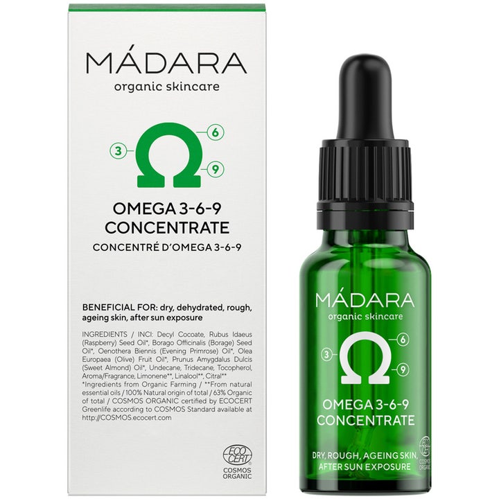 MÁDARA Omega 3 + 6 + 9 Concentrate 17,5 ml ansigtsserum i grøn glasflaske med pipette og hvid æske