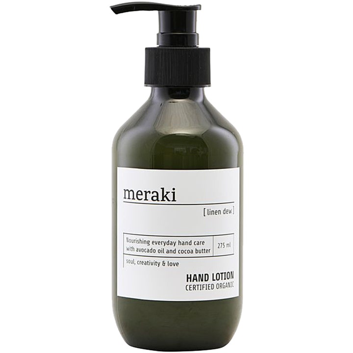 Meraki Linen Dew Hand Lotion 275 ml nærende håndpleje i mørkegrøn flaske med sort pumpe og hvid etiket