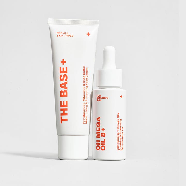 Swiss Clinic Oh Mega Oil 8 + 30 ml fugtgivende ansigtspleje i hvid tube og hvid glasflaske med hvid pipette