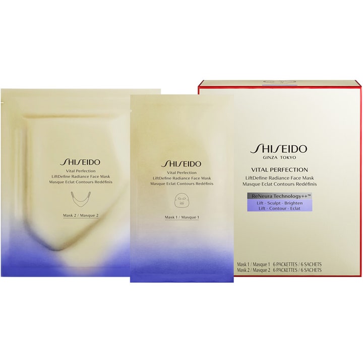 Shiseido Vital Perfection Liftdefine Radiance Face Mask 10 g opstrammende sheet mask i guld og blå breve med hvid æske