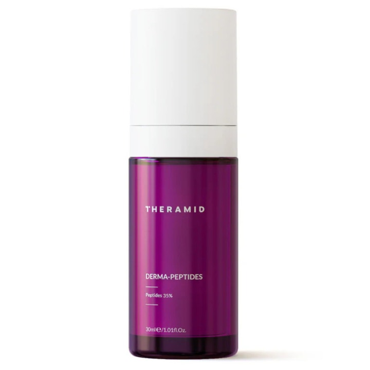 Theramid Derma-Peptides 30 ml anti-aging serum med peptider i en lilla gennemsigtig flaske med hvidt låg