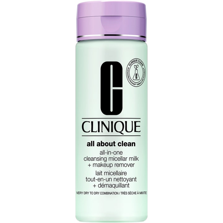 Clinique All About Clean Cleansing Micellar Milk 200 ml ansigtsrens i lysegrøn plastflaske med lilla låg