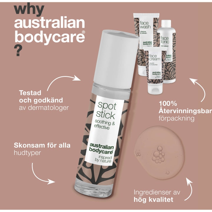 Australian Bodycare 4 Step Face Care 309 ml mod urenheder viser Spot Stick og ansigtspleje i hvide tuber