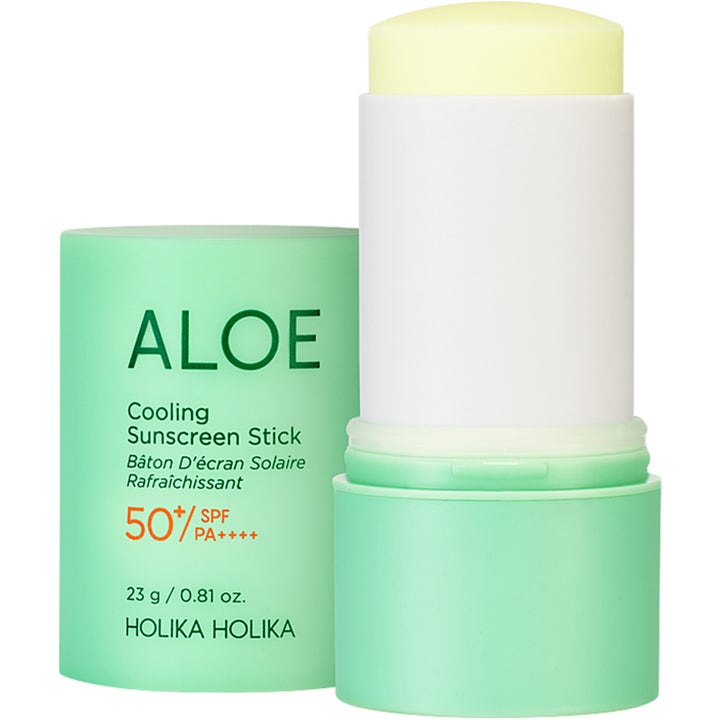Holika Holika Aloe Cooling Sunscreen Stick 23 g kølende solstift i lysegrøn emballage med gult produkt