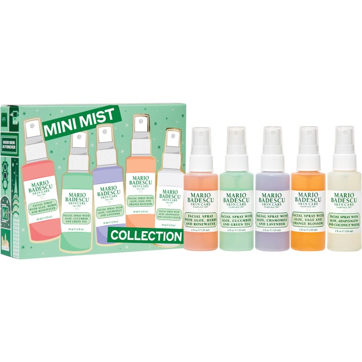 Mario Badescu Mini Mist Collection 5 x 59 ml opfriskende ansigtsspray med fem farverige flasker og grøn æske