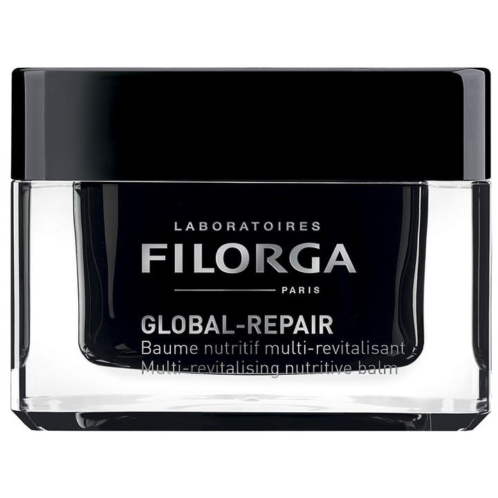 Filorga Global-Repair Baume Nutritif 50 ml revitaliserende ansigtscreme i en elegant sort glaskrukke med sølvskrift