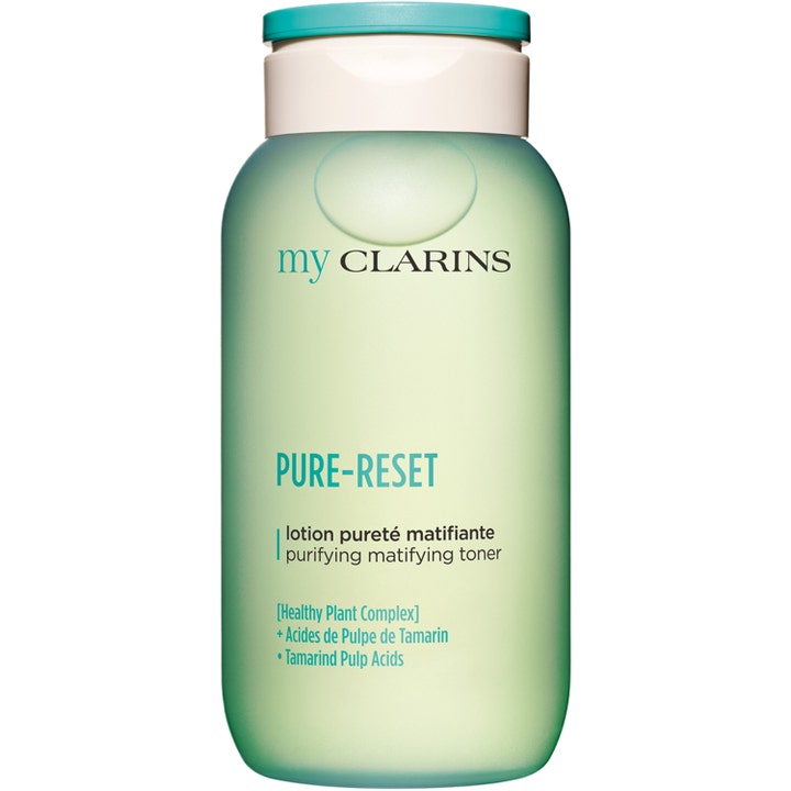 My Clarins Pure-Reset matificerende skintonic der giver mat hud i en frostet grøn flaske med turkis top