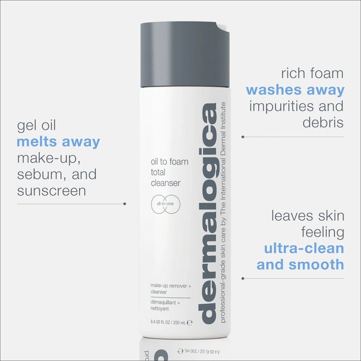 Dermalogica Oil to Foam Cleanser 250 ml ansigtsrens i hvid flaske med gråt låg og tekst om gel-til-skum formel