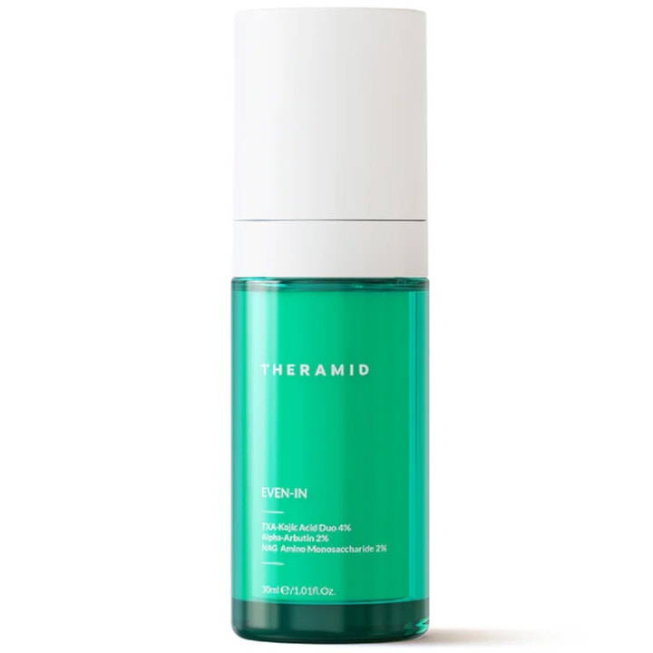 Theramid Even-In 30ml serum mod pigmentering i en grøn gennemsigtig flaske med hvidt låg.