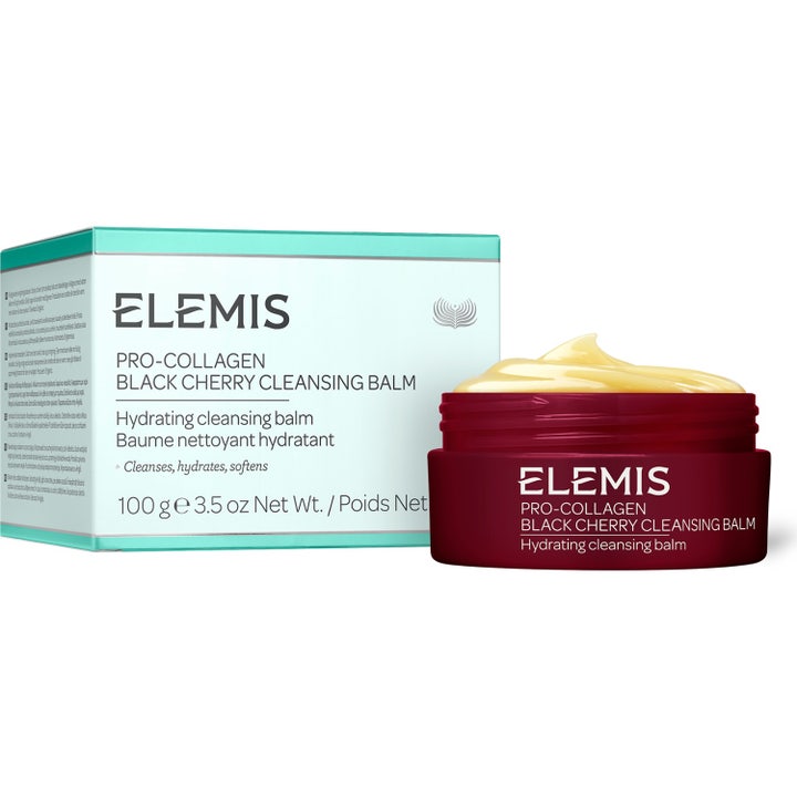 Elemis Pro-Collagen Black Cherry Cleansing Balm 100 g i bordeaux krukke med lysegul tekstur ved siden af æske