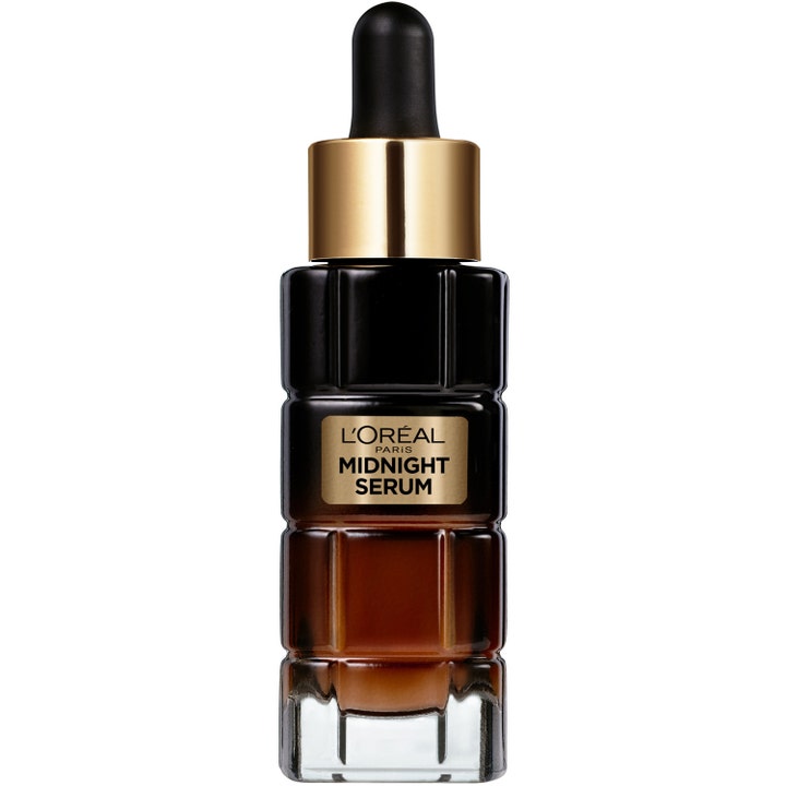 L'Oréal Paris Midnight Serum 30 ml cellefornyende serum i en sort riflet glasflaske med elegant guldpipette.