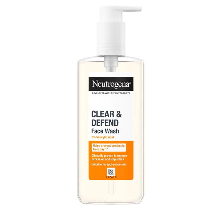 Neutrogena Clear & Defend 2% Salicylic Acid Face Wash 200ml dybderensende ansigtsvask i orange flaske med hvid pumpe.