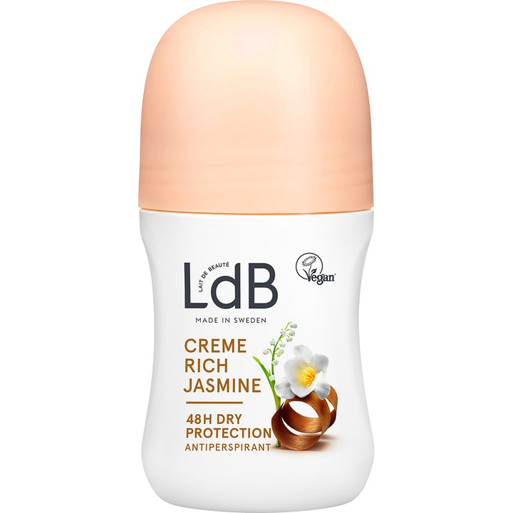 LdB Creme Rich Jasmine 50 ml vegansk antiperspirant giver 48 timers beskyttelse i hvid roll-on med ferskenfarvet låg