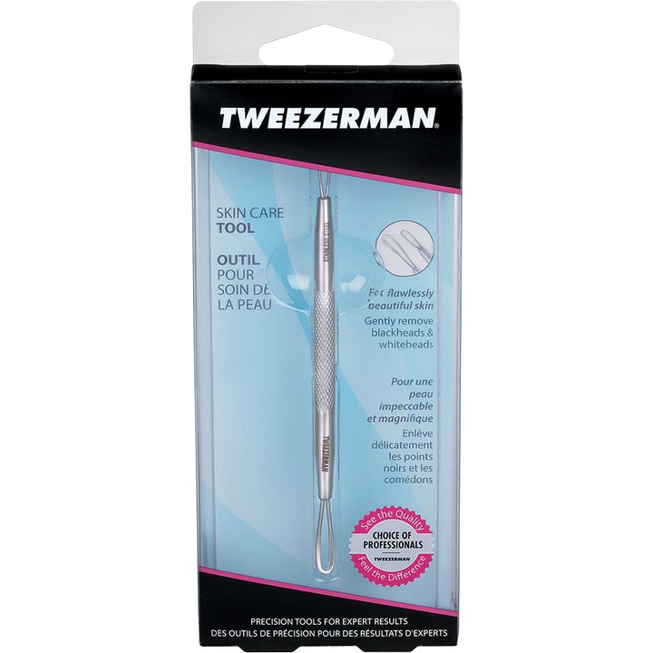 Tweezerman No Slip Skin Care Tool 1 stk hudplejeværktøj fjerner hudorme i sort og klar detailpakning