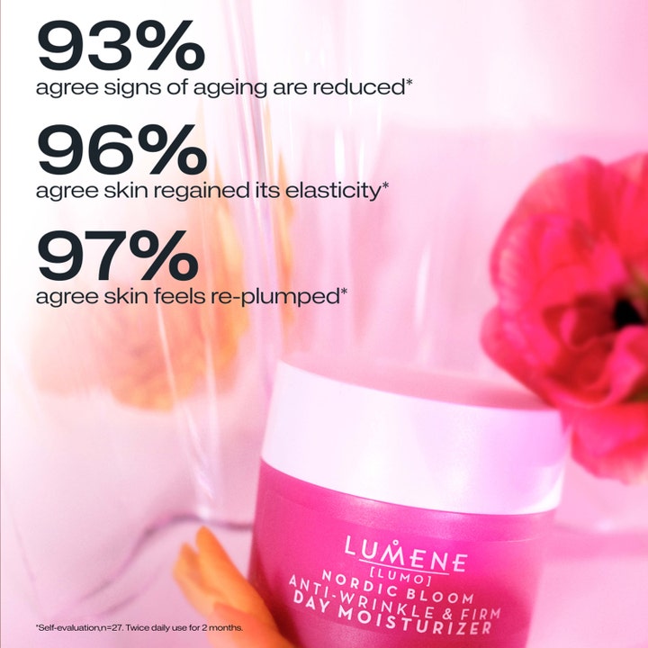 Lumene Nordic Bloom Anti-Wrinkle & Firm Day Moisturizer 50 ml dagcreme med kliniske testresultater og lyserød blomst