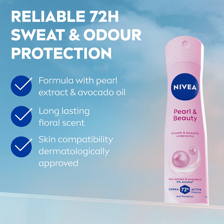 NIVEA Pearl & Beauty 150 ml antiperspirant med perleekstrakt giver 72h beskyttelse vist i en lyserød sprayflaske