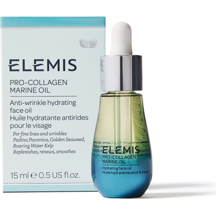 Elemis Pro-Collagen Marine Oil 15 ml ansigtsolie i dråbeformet glasflaske ved siden af æsken