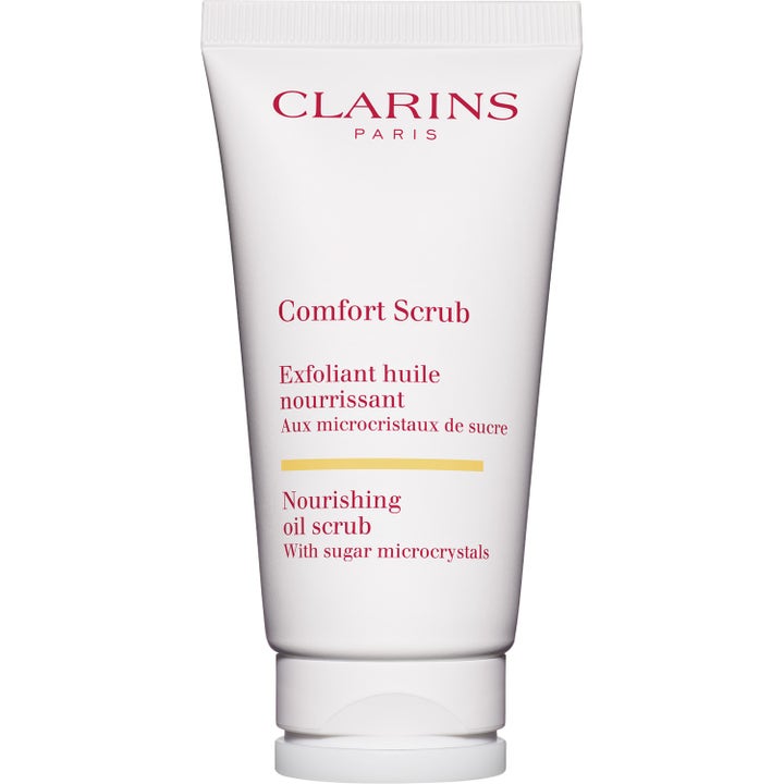 Clarins Comfort Scrub 50 ml nærende ansigtsscrub med sukkerkrystaller i hvid tube med rød tekst og hvidt låg